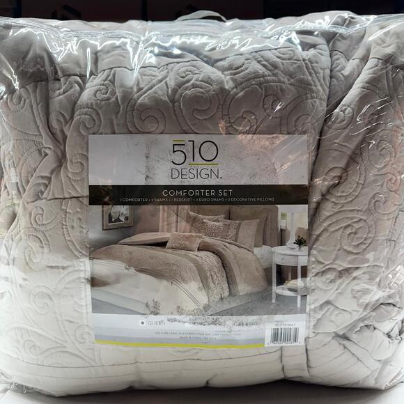 510 Design Luxe Quilted Comforter Set, Ramsey Damask Neutral, Queen (Open Box) - Picture 2 of 7